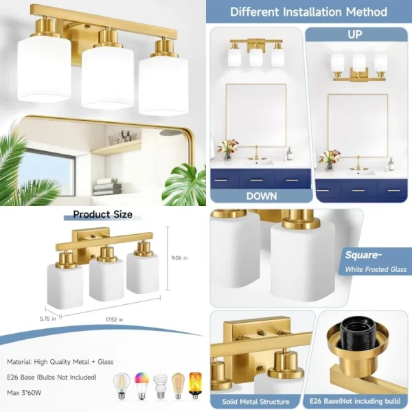 Modern Bathroom Light Fixtures w/ Square Frosted Glass